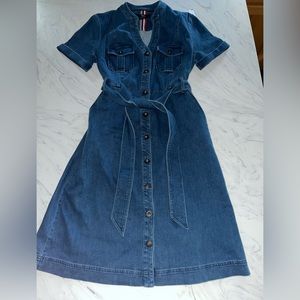 Boden Knit solid denim blue dress V neck stretch 12l button front shirt sash